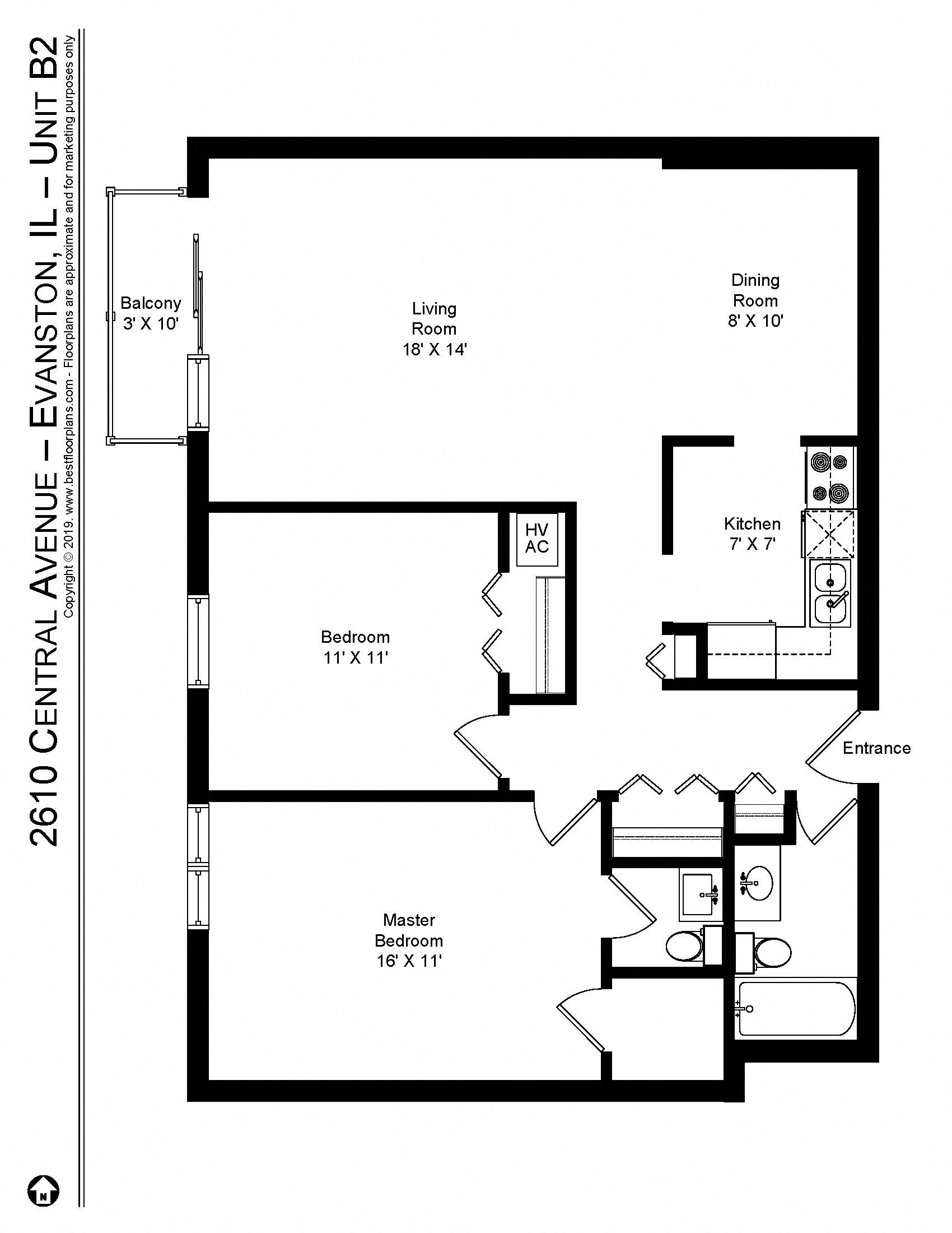 Floor plan for 2 beds, 1.2 baths, 1046 sqft